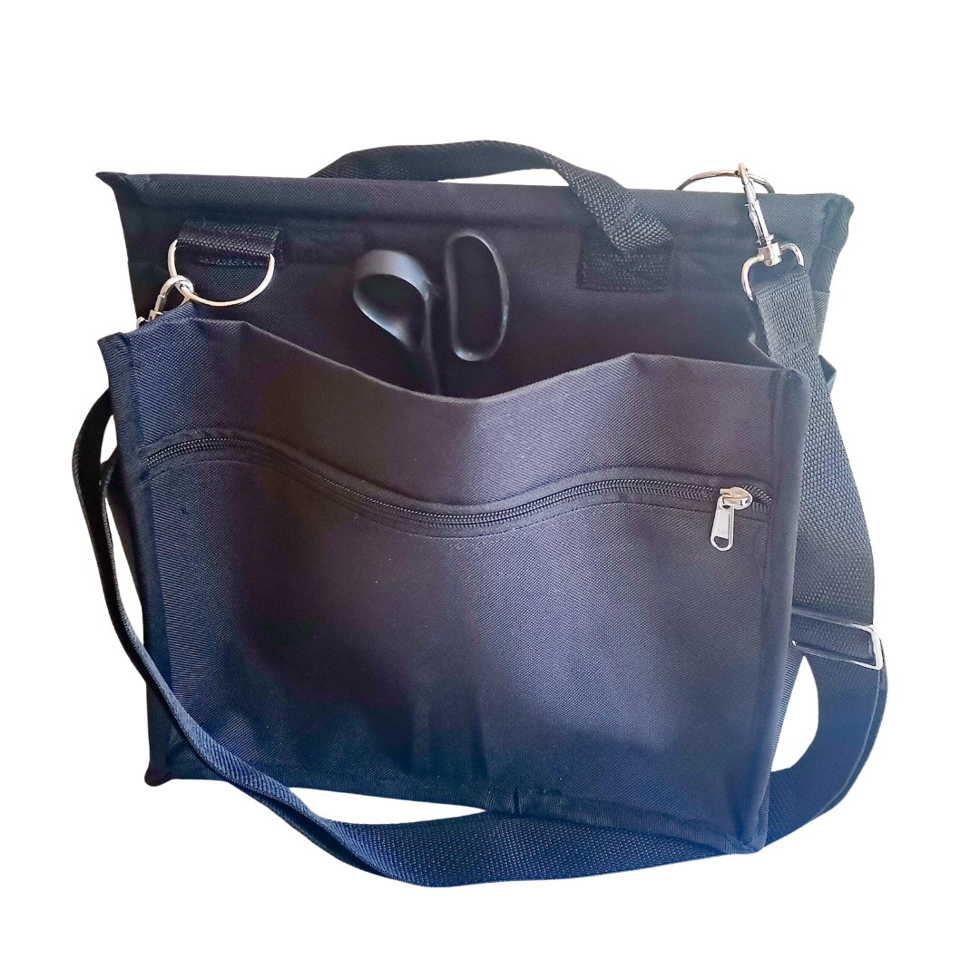 Craft Caddy with multiple inner & outer pockets, carry handle & adjustable webbing carry sling. Made with black PVC canvas.