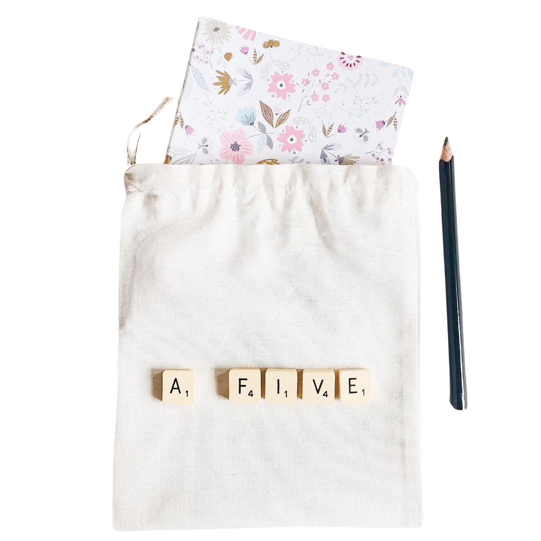 Cotton Calico drawstring bags used for eco-friendly packaging. Available in different sizes & colours. A5 bag