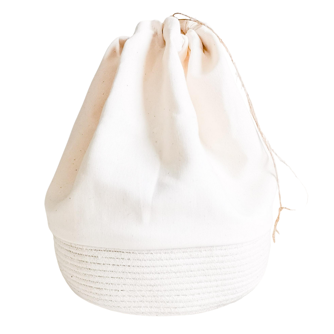 Drawstring Basket bags used as packaging. Cotton rope as base. Natural White fabric as top.