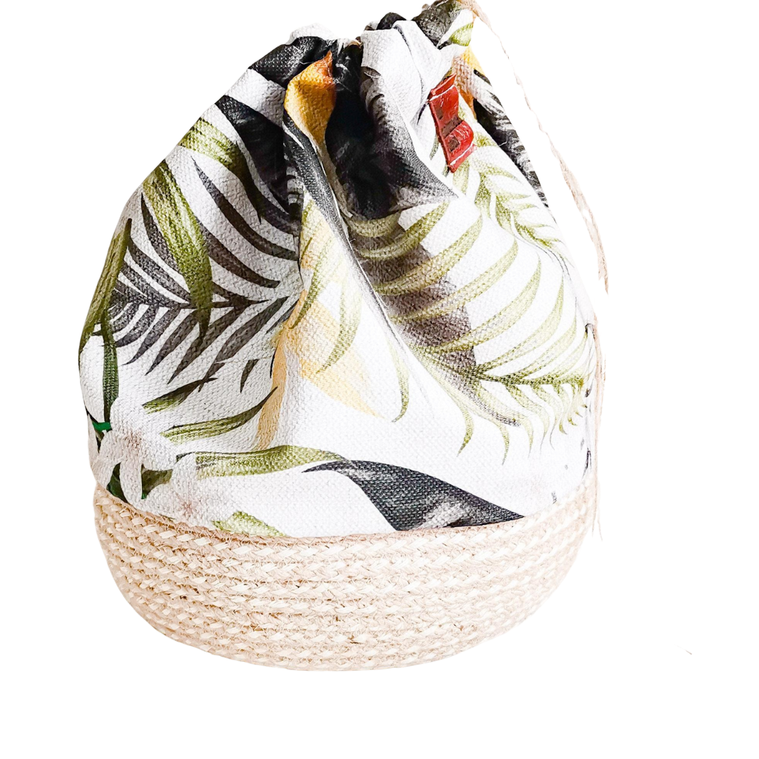 Drawstring Basket bags used as packaging.Jute rope as base. Botanical fabric as top.