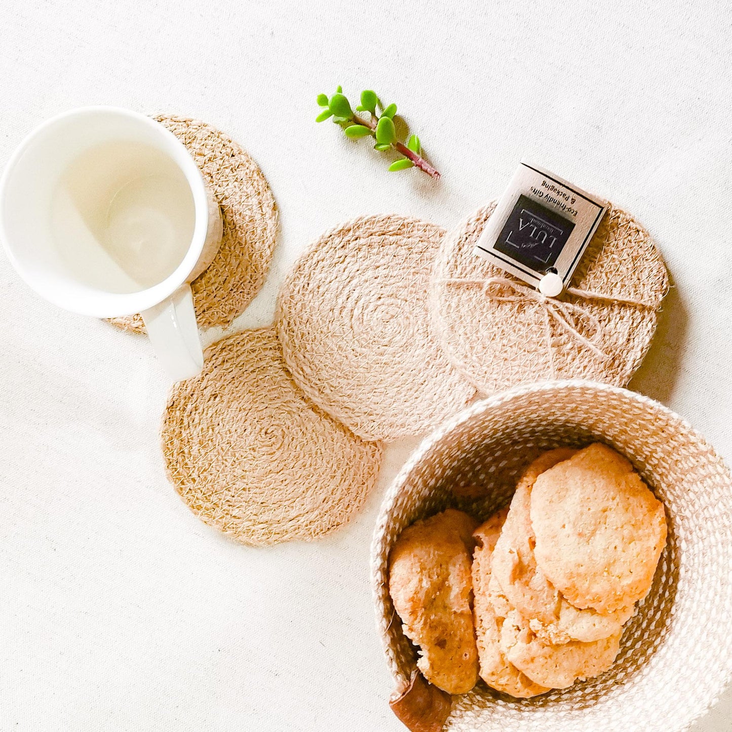 Jute Rope Coasters with biscuits and coffee cup