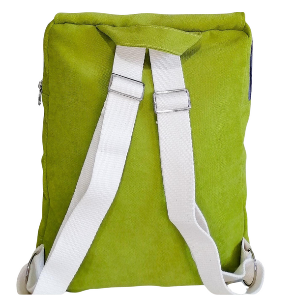 Lined Back Pack with inner and outer pockets, made with apple green velour fabric. Cotton webbing handles and adjustable sling. Back view