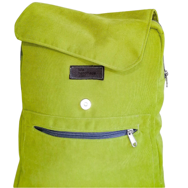 Lined Back Pack with inner and outer pockets, made with apple green velour fabric. Cotton webbing handles and adjustable sling. Front view of magnet & zip