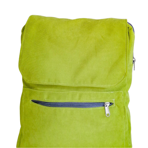 Lined Back Pack with inner and outer pockets, made with apple green velour fabric. Cotton webbing handles and adjustable sling. Front view