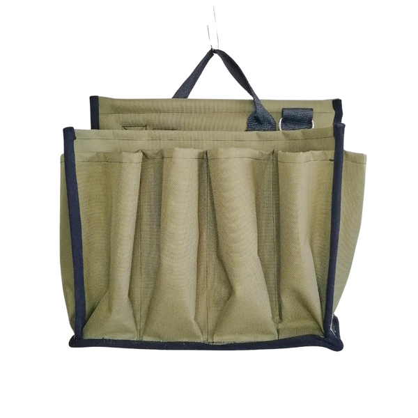 Craft Caddy with multiple inner & outer pockets, carry handle & adjustable webbing carry sling. Made with natural olive PVC canvas. 