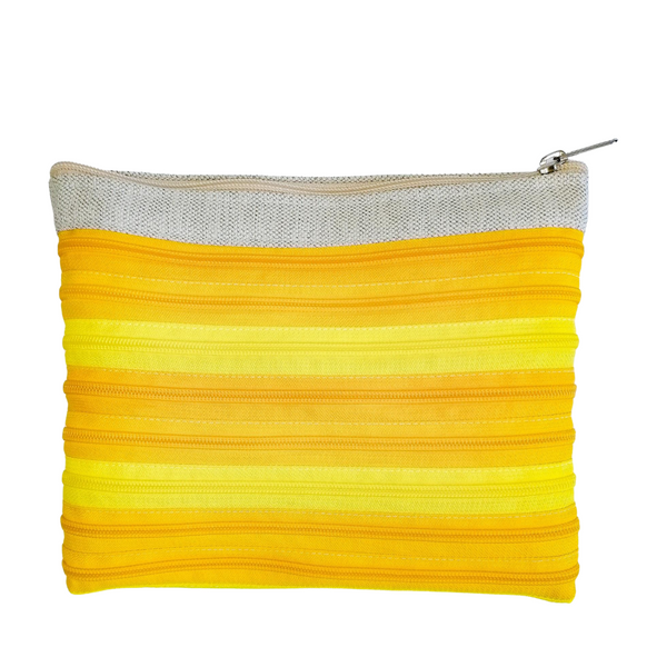 Unlined zipper pouch made up with yellow repurposed zip