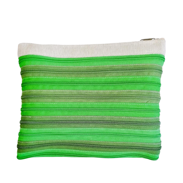 Unlined zipper pouch made up with green repurposed zip