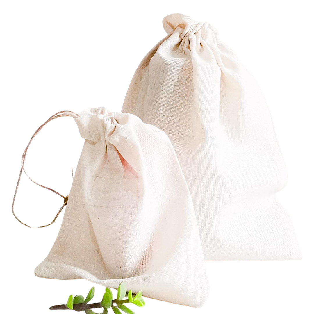 Cotton Calico drawstring bags used for eco-friendly packaging. Available in different sizes & colours 
