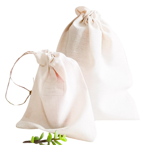 Cotton Calico drawstring bags used for eco-friendly packaging. Available in different sizes & colours 