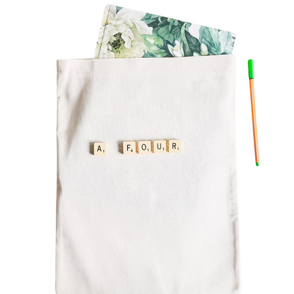Cotton Calico drawstring bags used for eco-friendly packaging. Available in different sizes & colours. A4 bag 