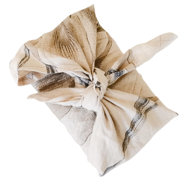 Furoshiki Fabric Wrapping Cloth made with Linen blend fabric. Dark grey and brown flower sketch on beige background. 60cm square. Linen Tea Towel