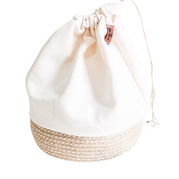 Drawstring Basket bags used as packaging. Cotton rope as base. Natural White fabric as top.
