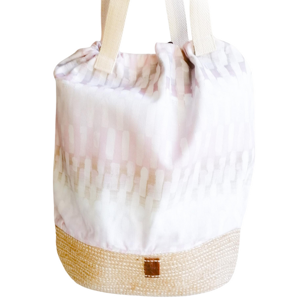 Drawstring Rope Hand Bag with Jute Rope and PInk/Grey fabric.. Large..