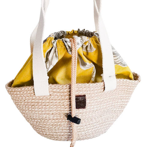 Drawstring Rope Hand Bag with Jute Rope and Yellow flower. Small.