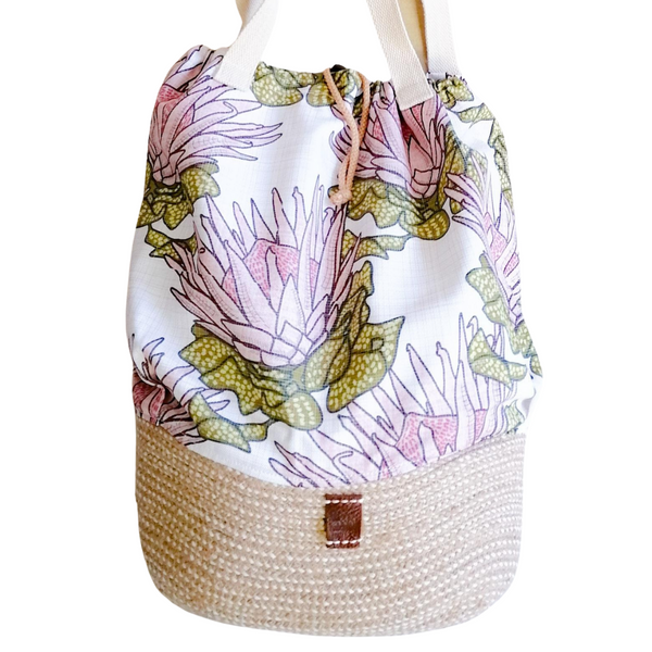 Drawstring Rope Hand Bag with Jute Rope and Pink Protea flower fabric. Large..