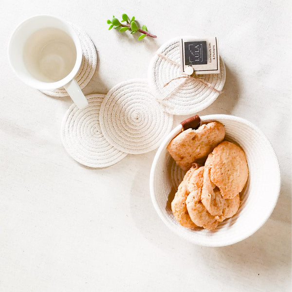 Cotton Rope Coasters with biscuits and coffee cup